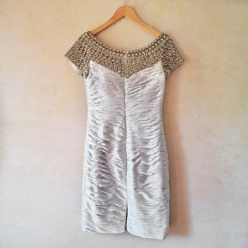 NEW TERANI COUTURE C1042 Cocktail Dress Size 8 Light Silver Beaded Ruched $658 - Picture 13 of 15